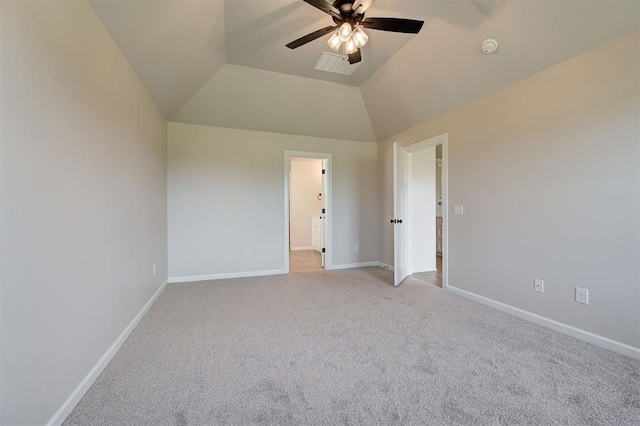 3404 Slate River Dr, Yukon, OK 73099 - unfurnished bedroom featuring light colored carpet, baseboards, lofted ceiling, a ceiling fan, and ensuite bath