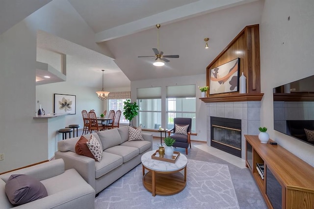 1117 Blue Ridge Dr, Edmond, OK 73003 - living room with a tiled fireplace, ceiling fan, beamed ceiling, and high vaulted ceiling