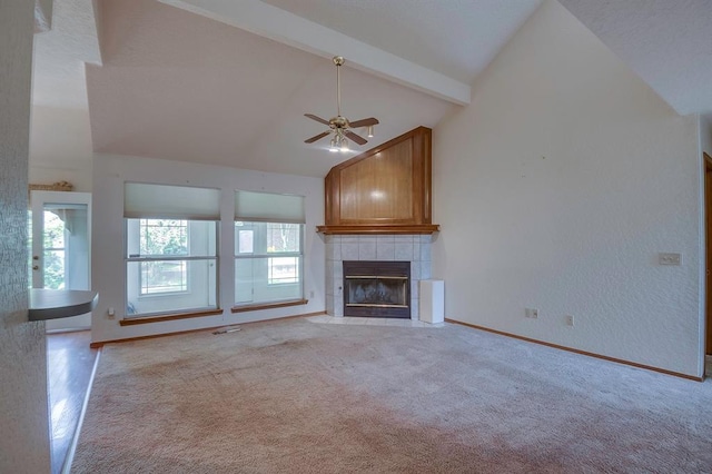 1117 Blue Ridge Dr, Edmond, OK 73003 - unfurnished living room with a ceiling fan, a fireplace, baseboards, and light colored carpet