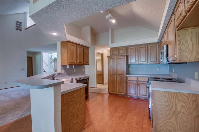 1117 Blue Ridge Dr, Edmond, OK 73003 - kitchen with stainless steel appliances, a textured ceiling, a sink, a peninsula, and light wood-style floors