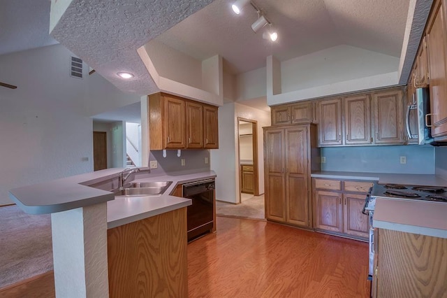 1117 Blue Ridge Dr, Edmond, OK 73003 - kitchen with stainless steel appliances, a sink, a textured ceiling, vaulted ceiling, and light wood-style flooring