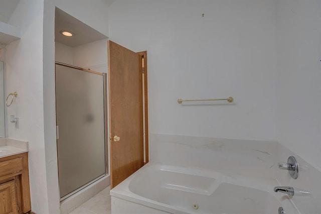 1117 Blue Ridge Dr, Edmond, OK 73003 - bathroom with a shower stall, a tub with jets, vanity, and tile patterned flooring