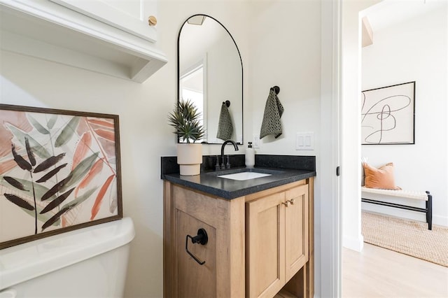 bathroom with baseboards, vanity, and wood finished floors