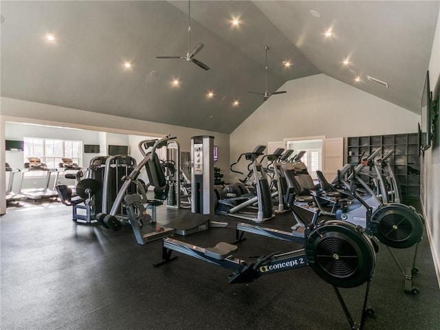 exercise room with high vaulted ceiling, ceiling fan, and recessed lighting