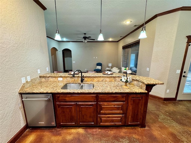 kitchen with stainless steel dishwasher, a textured ceiling, a sink, and a textured wall