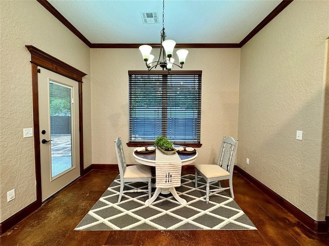dining space with visible vents, a textured wall, baseboards, ornamental molding, and a notable chandelier