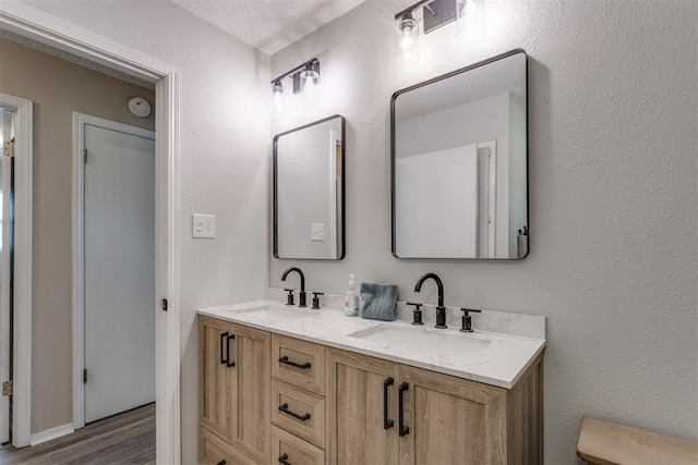 bathroom with wood finished floors, a sink, and double vanity