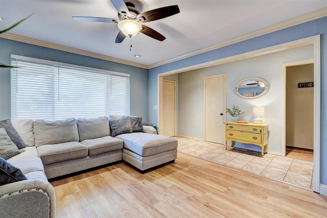 living area featuring crown molding, ceiling fan, and wood finished floors