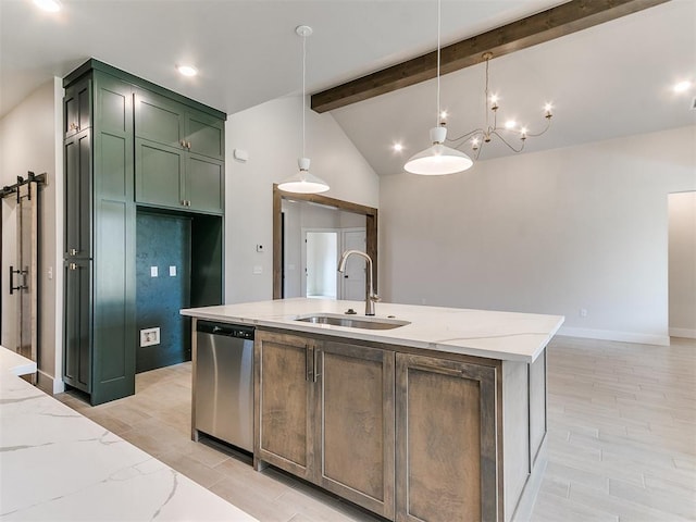 1715 Zayden Ln, Norman, OK 73072 - kitchen with stainless steel dishwasher, a sink, green cabinets, light stone countertops, and vaulted ceiling with beams