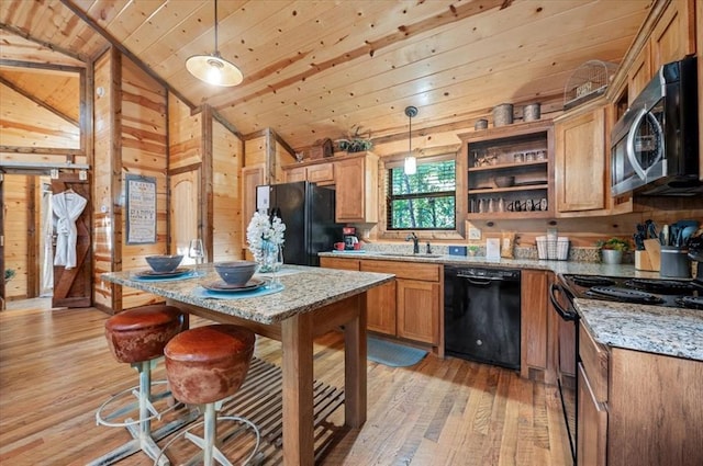 88 Bent Pine Trl, Broken Bow, OK 74728 - kitchen with wood ceiling, black appliances, lofted ceiling, and light wood-style floors