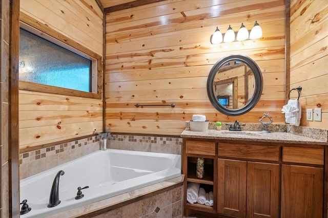 88 Bent Pine Trl, Broken Bow, OK 74728 - bathroom featuring wooden walls, a garden tub, and vanity