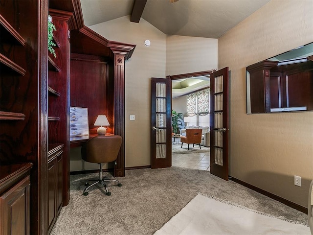 office space featuring vaulted ceiling with beams, french doors, carpet flooring, and baseboards