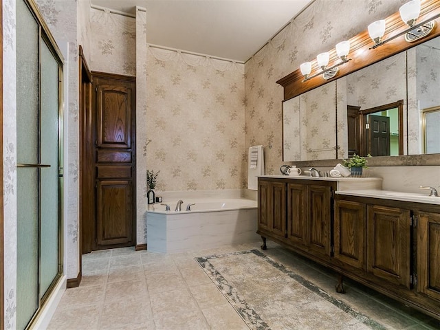 full bathroom with wallpapered walls, a bath, a shower stall, and double vanity
