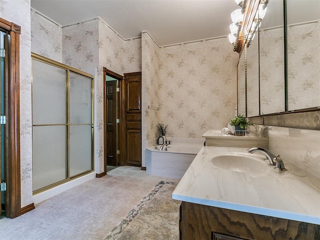 full bath featuring a bath, a stall shower, wallpapered walls, tile patterned flooring, and vanity