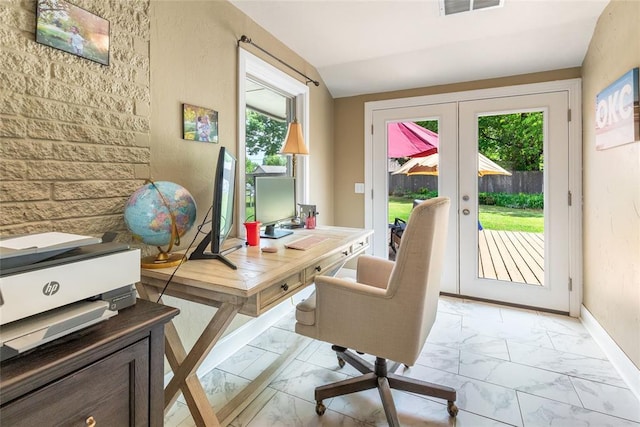 home office with baseboards, french doors, a healthy amount of sunlight, and marble finish floor