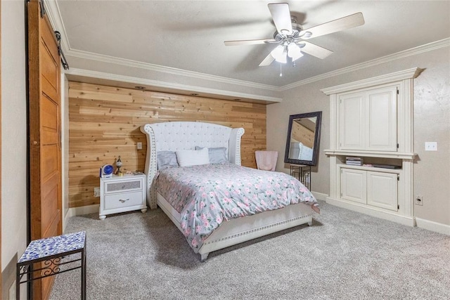 bedroom with crown molding, baseboards, a ceiling fan, and light colored carpet