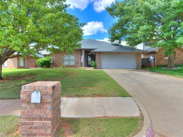 1717 Park View Pl, Edmond, OK 73003 - ranch-style home with an attached garage, concrete driveway, a front yard, brick siding, and a shingled roof