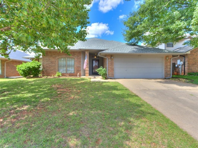 1717 Park View Pl, Edmond, OK 73003 - ranch-style home featuring an attached garage, concrete driveway, a front yard, and brick siding