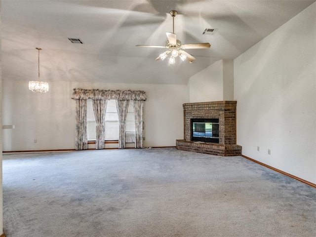 1717 Park View Pl, Edmond, OK 73003 - unfurnished living room with carpet floors, vaulted ceiling, a chandelier, a fireplace, and a ceiling fan