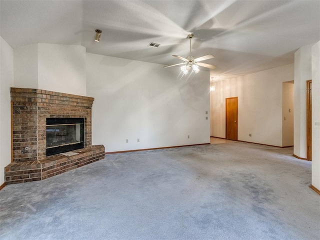 1717 Park View Pl, Edmond, OK 73003 - unfurnished living room featuring a fireplace, carpet floors, ceiling fan, baseboards, and lofted ceiling