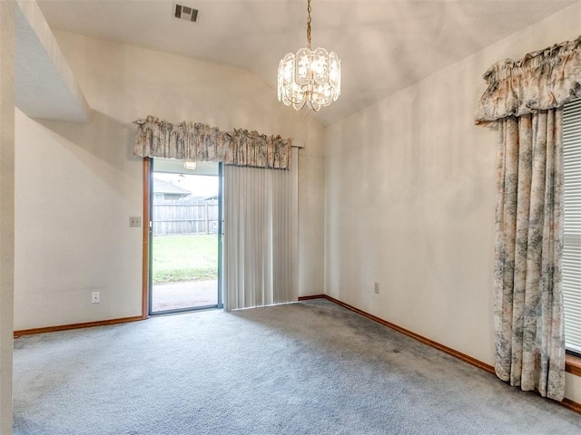 1717 Park View Pl, Edmond, OK 73003 - unfurnished room featuring carpet, a chandelier, baseboards, and vaulted ceiling