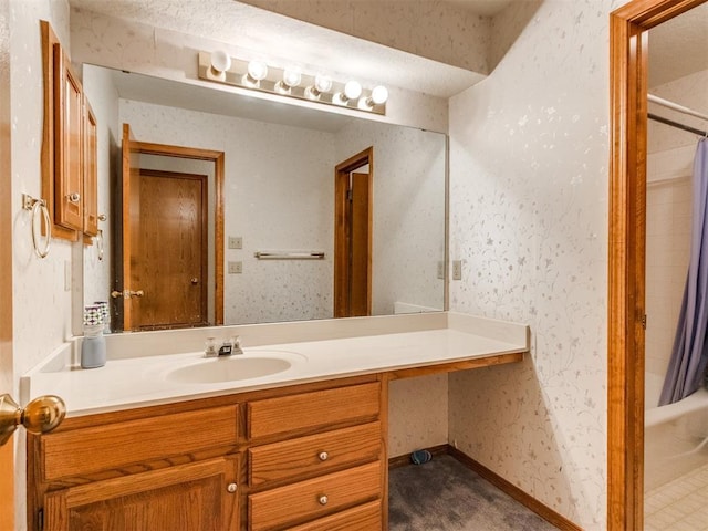 1717 Park View Pl, Edmond, OK 73003 - bathroom featuring vanity, shower / bath combo, and wallpapered walls