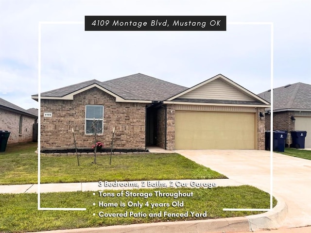 ranch-style home featuring brick siding, driveway, a front yard, and a garage