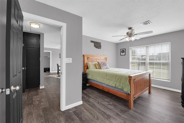 113 Central Dr, Sayre, OK 73662 - bedroom with baseboards, visible vents, ceiling fan, and dark wood finished floors