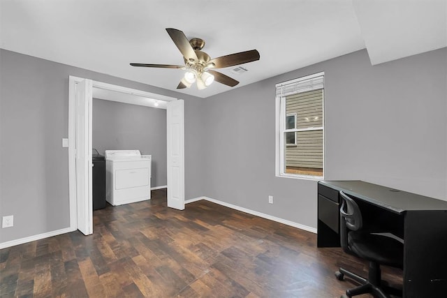 113 Central Dr, Sayre, OK 73662 - office area with a ceiling fan, separate washer and dryer, baseboards, dark wood-style flooring, and visible vents