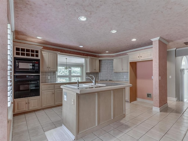 13504 Fox Creek Dr, Oklahoma City, OK 73131 - kitchen featuring black appliances, light tile patterned floors, light countertops, tasteful backsplash, and recessed lighting