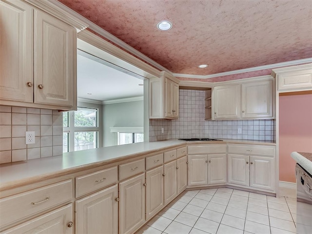 13504 Fox Creek Dr, Oklahoma City, OK 73131 - kitchen featuring appliances with stainless steel finishes, light countertops, crown molding, light tile patterned flooring, and decorative backsplash