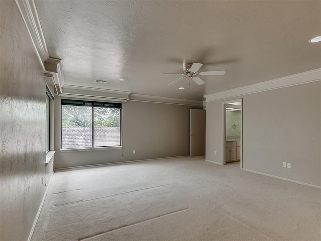 13504 Fox Creek Dr, Oklahoma City, OK 73131 - empty room with ornamental molding, a ceiling fan, light carpet, baseboards, and recessed lighting