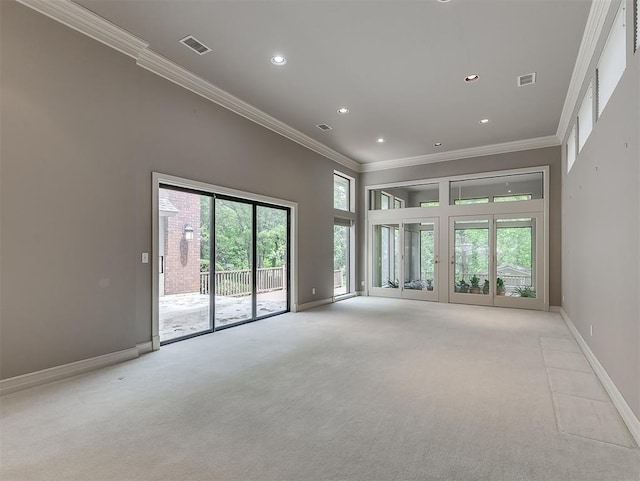 13504 Fox Creek Dr, Oklahoma City, OK 73131 - empty room featuring light colored carpet, ornamental molding, baseboards, and recessed lighting