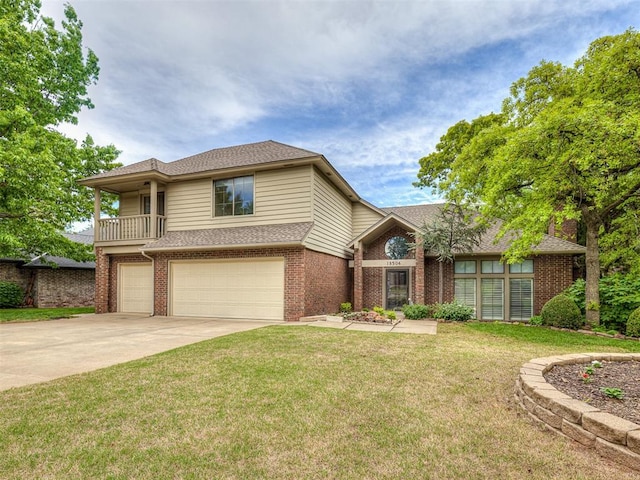 13504 Fox Creek Dr, Oklahoma City, OK 73131 - view of front of home featuring brick siding, a garage, a front yard, driveway, and a shingled roof
