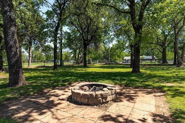 view of patio / terrace featuring a fire pit and fence