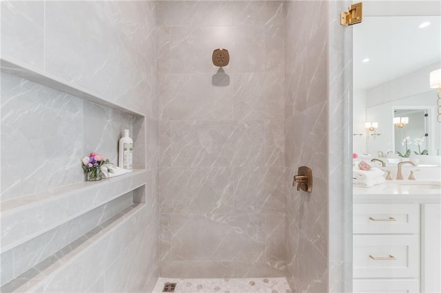 6105 NW 147th Ter, Oklahoma City, OK 73142 - full bathroom featuring vanity and tiled shower