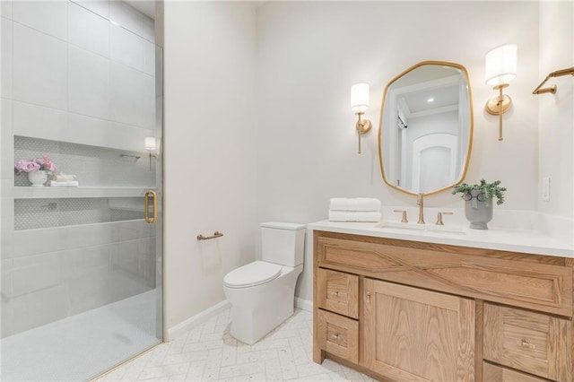 6105 NW 147th Ter, Oklahoma City, OK 73142 - bathroom featuring vanity, baseboards, a stall shower, and toilet