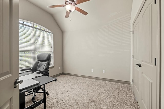 2828 Ryder Dr, Yukon, OK 73099 - office space with baseboards, ceiling fan, carpet, and vaulted ceiling