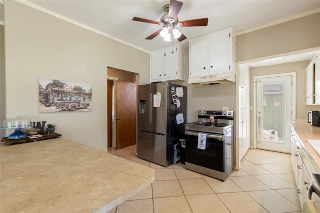 724 Maple St, Perry, OK 73077 - kitchen featuring ornamental molding, ceiling fan, under cabinet range hood, white cabinets, and stainless steel appliances
