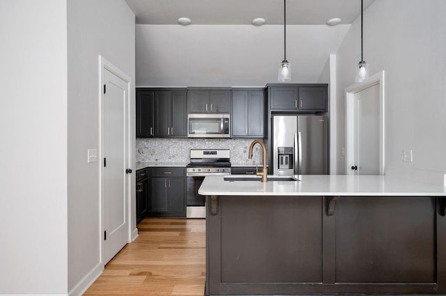kitchen featuring a sink, light wood-style floors, stainless steel appliances, decorative light fixtures, and backsplash