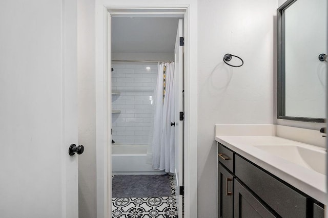 full bathroom with vanity, tile patterned flooring, and shower / tub combo with curtain