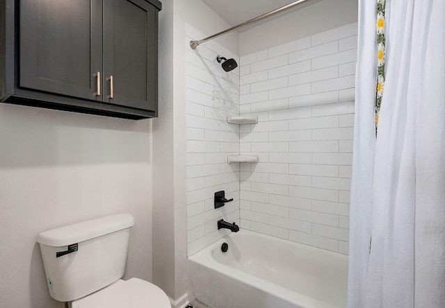 full bathroom featuring toilet and shower / bath combination with curtain
