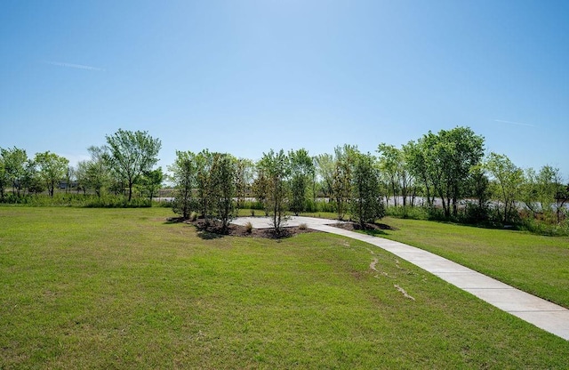 view of community featuring a lawn and concrete driveway