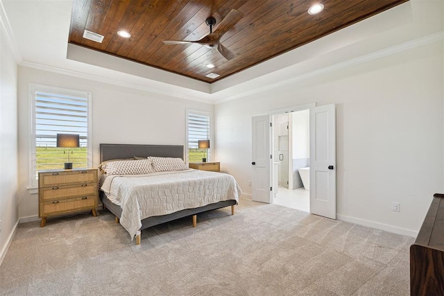 4162 Hawthorne St NW, Piedmont, OK 73078 - bedroom with a tray ceiling, wood ceiling, light colored carpet, crown molding, and recessed lighting