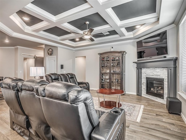 home theater room with light wood-style floors, ceiling fan, beamed ceiling, a fireplace, and coffered ceiling