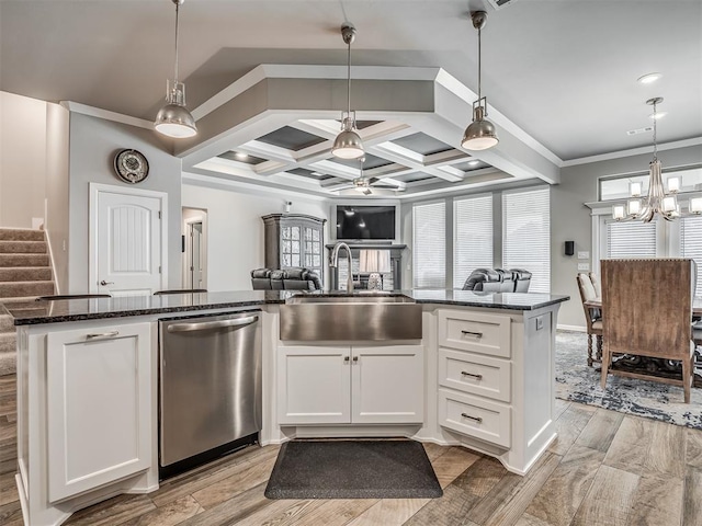 kitchen featuring a sink, open floor plan, light wood-style floors, coffered ceiling, and dishwasher