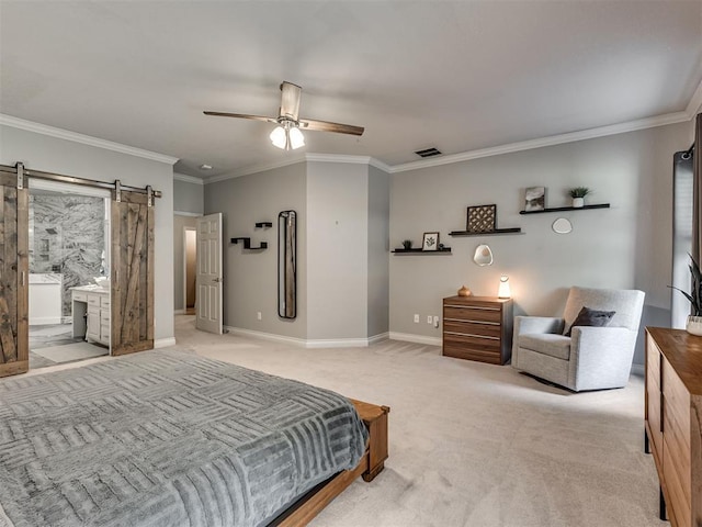 4216 Two Lakes Ave, Norman, OK 73072 - bedroom featuring a barn door, light colored carpet, crown molding, and a ceiling fan