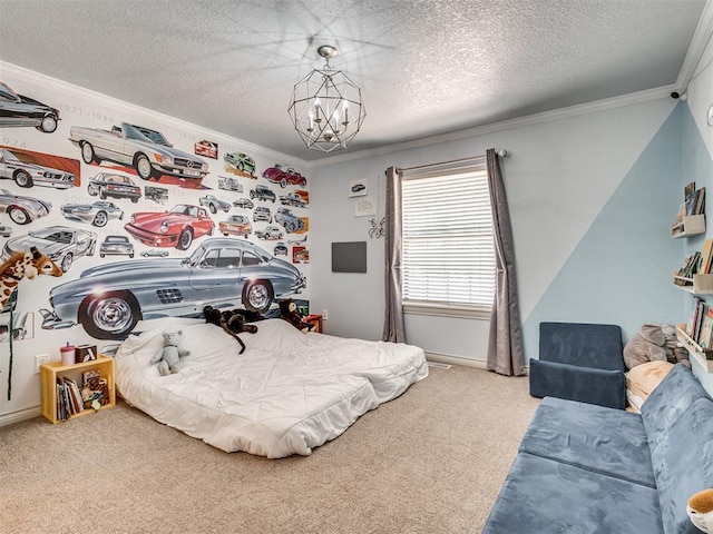 4216 Two Lakes Ave, Norman, OK 73072 - bedroom with carpet floors, crown molding, a chandelier, and a textured ceiling
