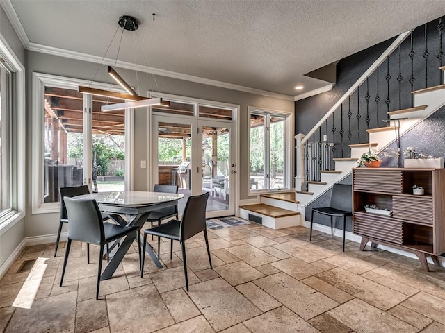 4216 Two Lakes Ave, Norman, OK 73072 - dining space with stone tile flooring, crown molding, french doors, stairway, and recessed lighting
