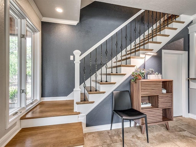 4216 Two Lakes Ave, Norman, OK 73072 - stairs featuring a textured wall and ornamental molding